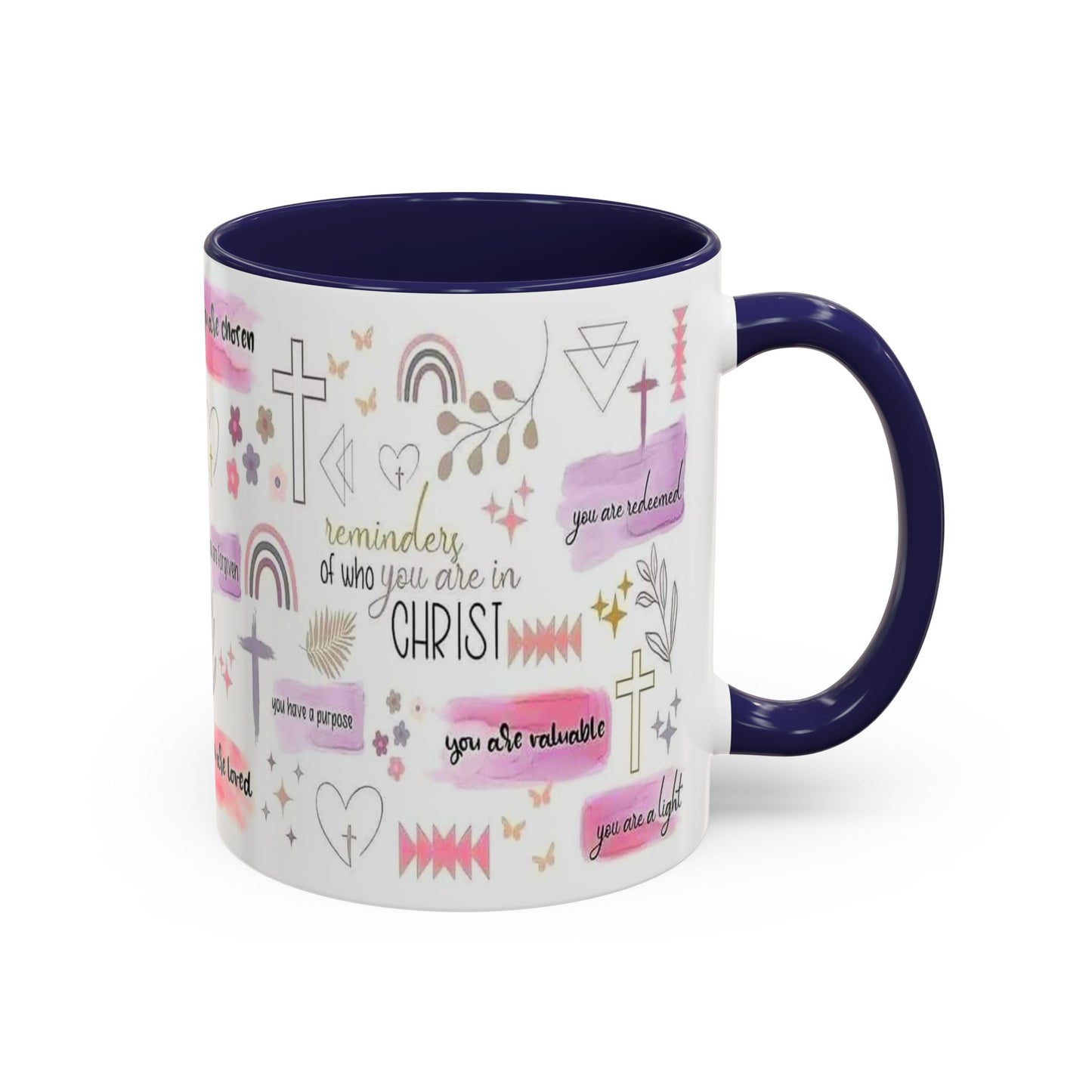 Christian Accent Coffee Mug — "Remind me who you are in Christ" Inspirational Pattern