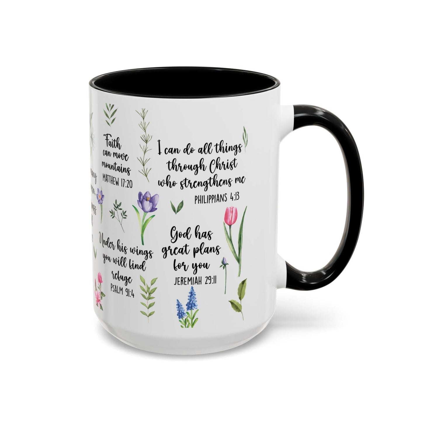 Inspirational Bible Verse Coffee Mug — Floral Scripture Quotes (11/15oz)
