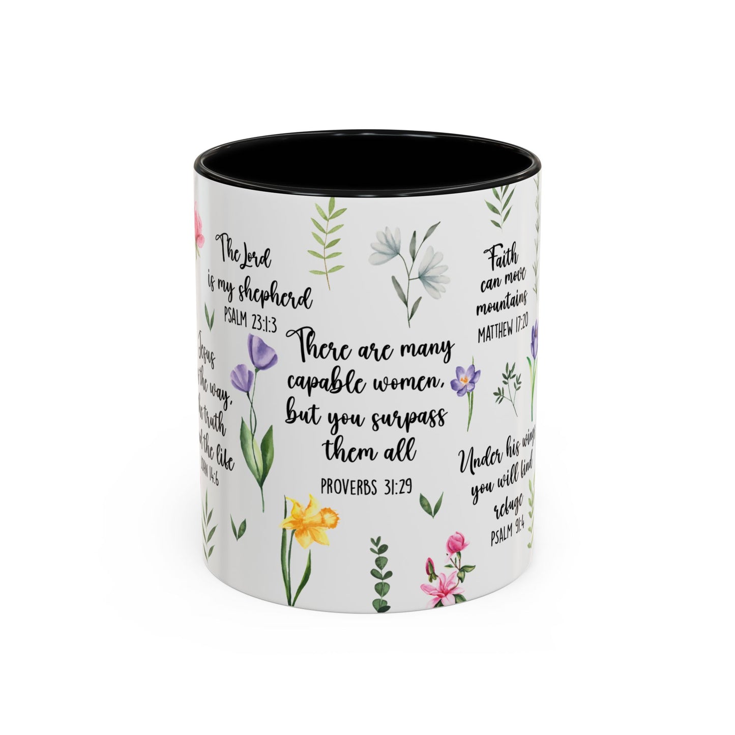 Inspirational Bible Verse Coffee Mug — Floral Scripture Quotes (11/15oz)
