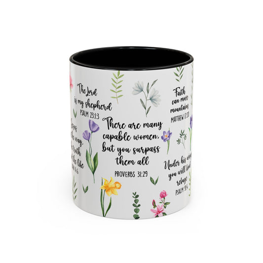 Inspirational Bible Verse Coffee Mug — Floral Scripture Quotes (11/15oz)