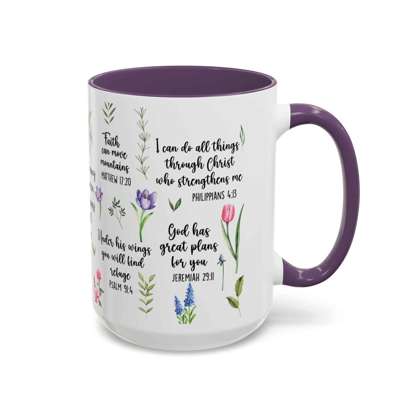 Inspirational Bible Verse Coffee Mug — Floral Scripture Quotes (11/15oz)