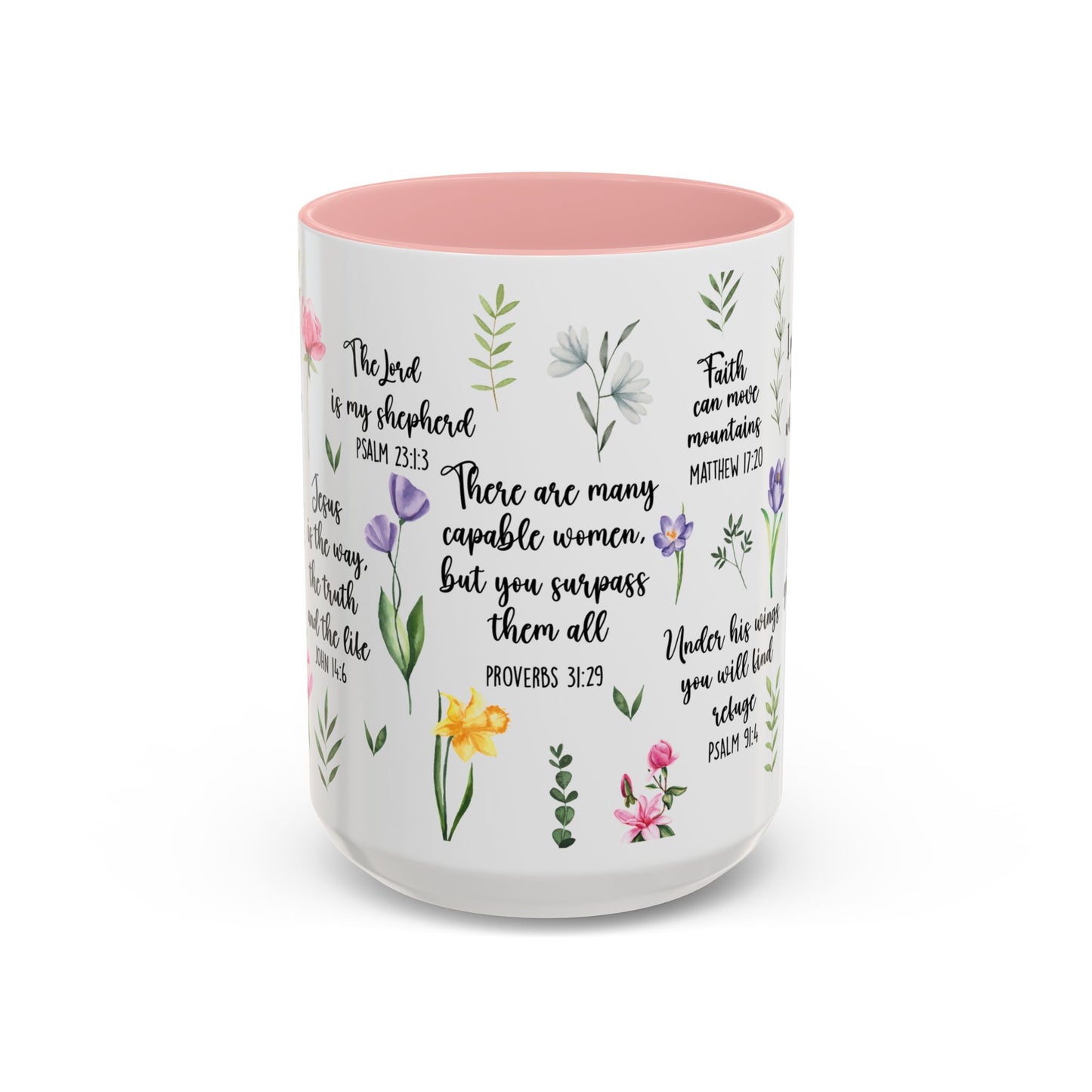 Inspirational Bible Verse Coffee Mug — Floral Scripture Quotes (11/15oz)
