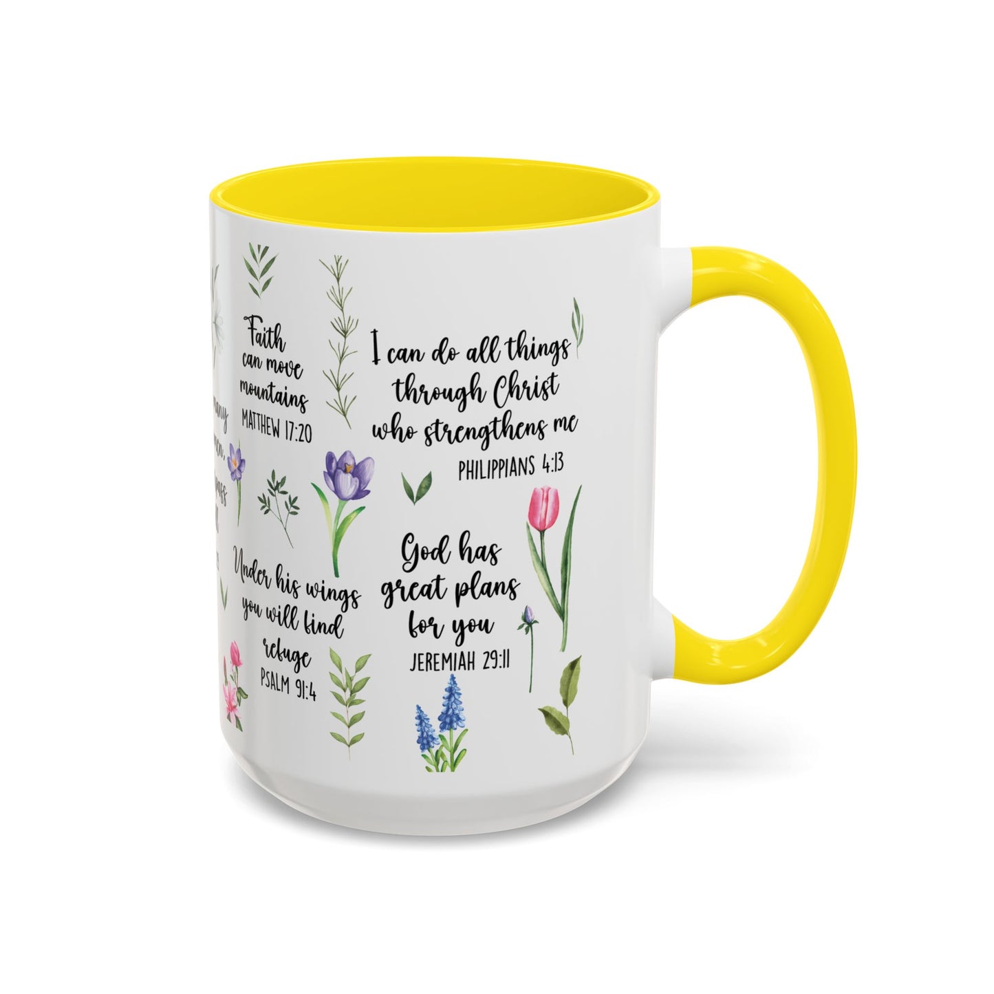 Inspirational Bible Verse Coffee Mug — Floral Scripture Quotes (11/15oz)