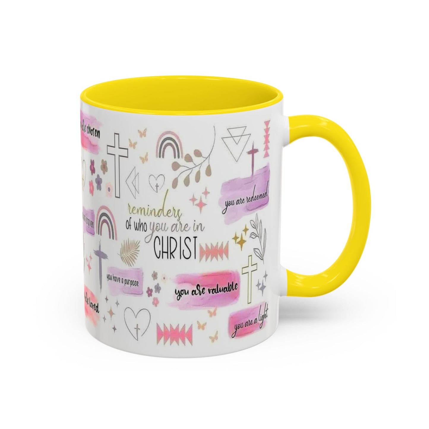 Christian Accent Coffee Mug — "Remind me who you are in Christ" Inspirational Pattern