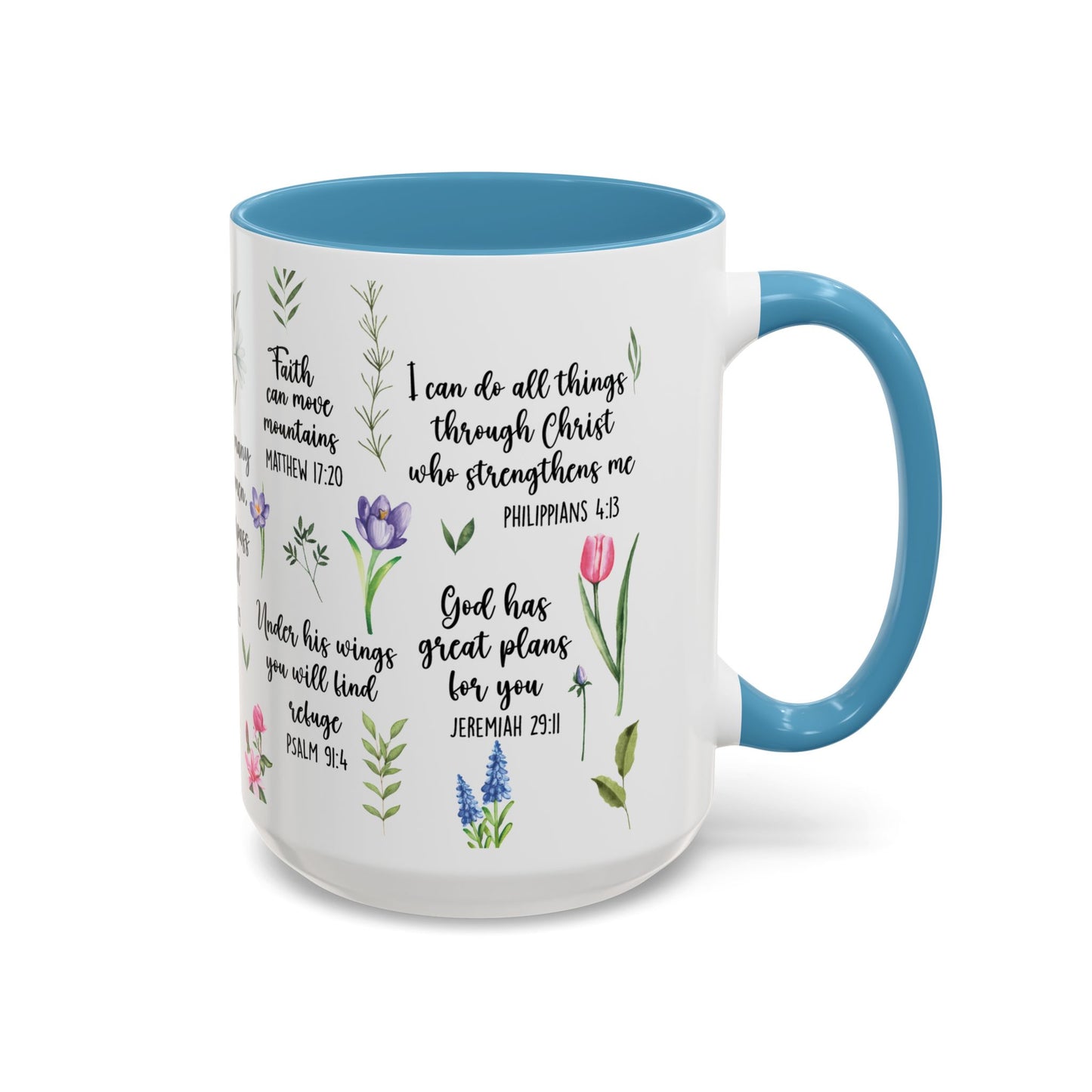 Inspirational Bible Verse Coffee Mug — Floral Scripture Quotes (11/15oz)