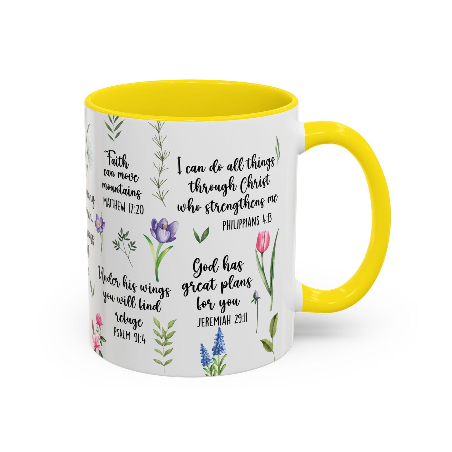 Inspirational Bible Verse Coffee Mug — Floral Scripture Quotes (11/15oz)