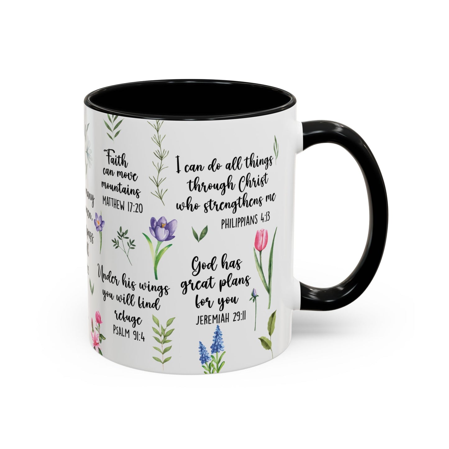 Inspirational Bible Verse Coffee Mug — Floral Scripture Quotes (11/15oz)