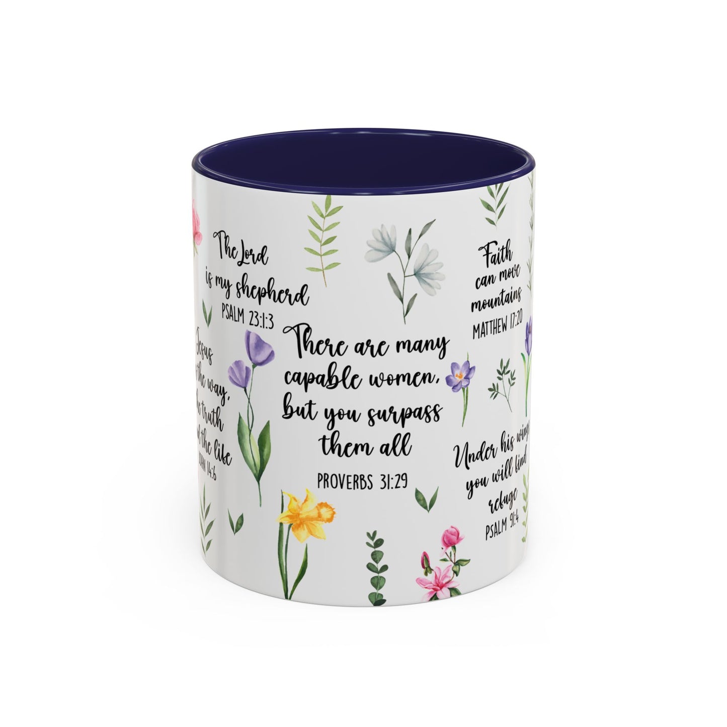 Inspirational Bible Verse Coffee Mug — Floral Scripture Quotes (11/15oz)