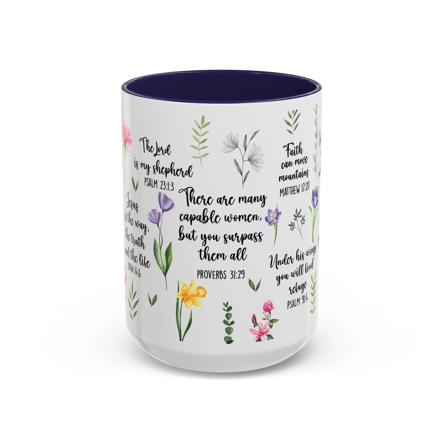Inspirational Bible Verse Coffee Mug — Floral Scripture Quotes (11/15oz)