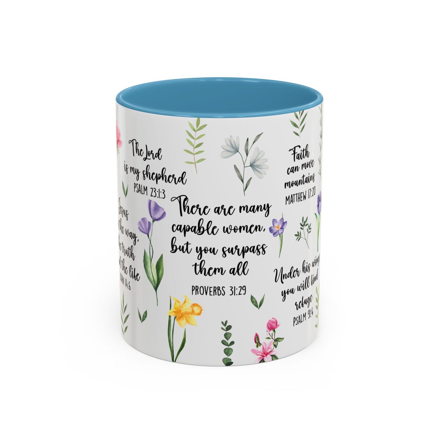 Inspirational Bible Verse Coffee Mug — Floral Scripture Quotes (11/15oz)