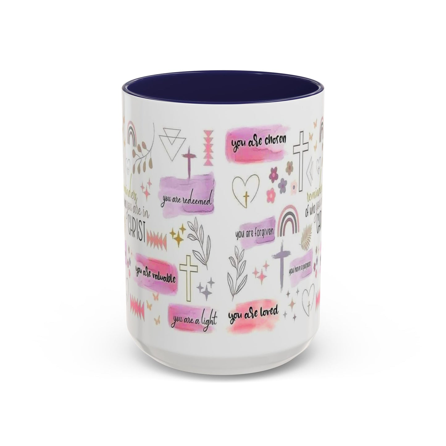 Christian Accent Coffee Mug — "Remind me who you are in Christ" Inspirational Pattern