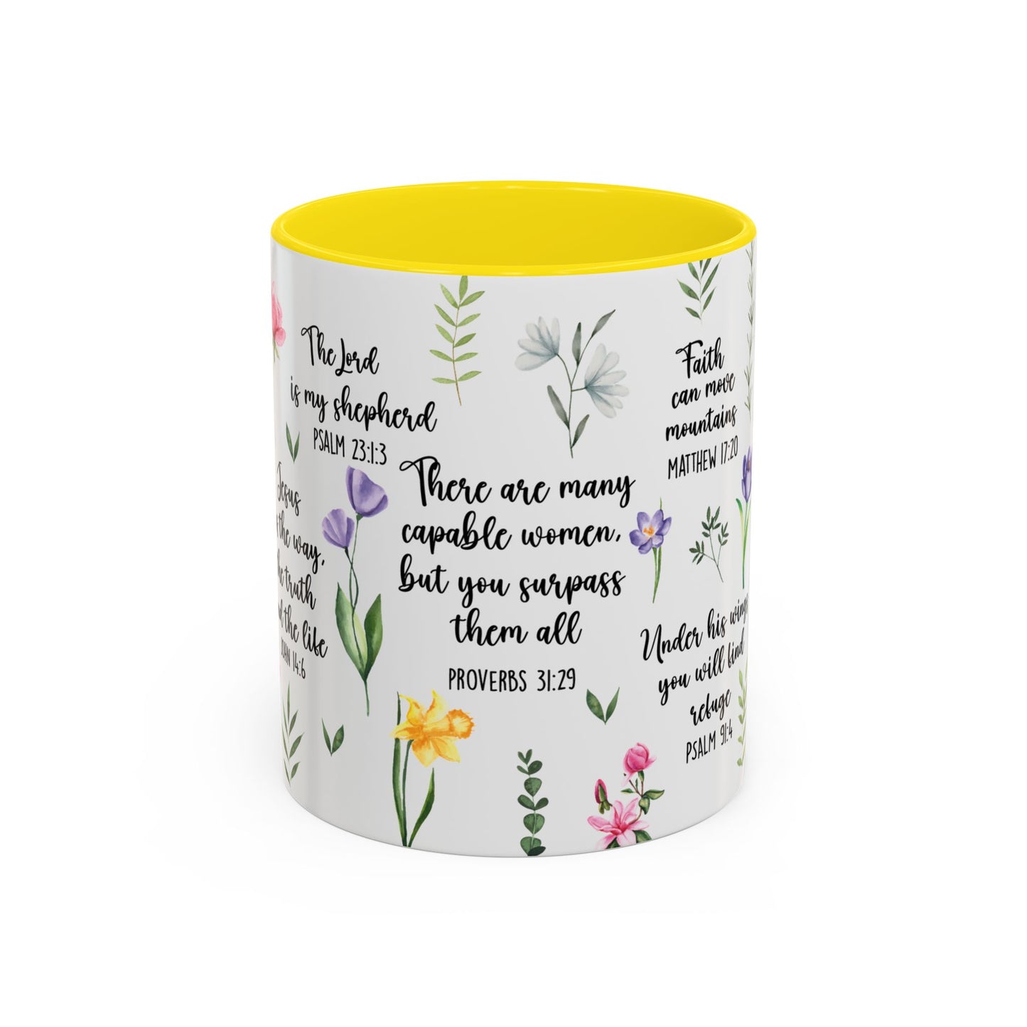 Inspirational Bible Verse Coffee Mug — Floral Scripture Quotes (11/15oz)