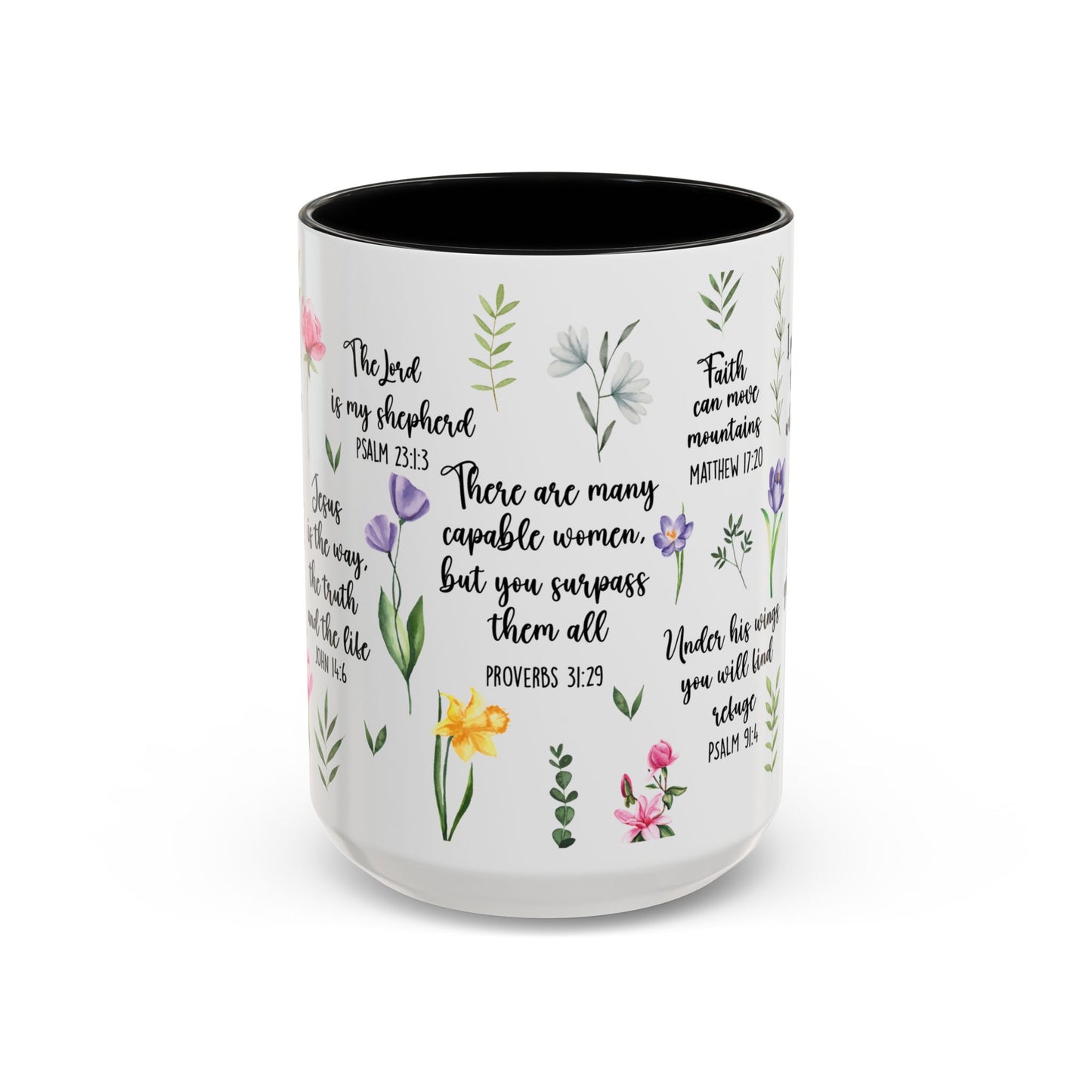 Inspirational Bible Verse Coffee Mug — Floral Scripture Quotes (11/15oz)