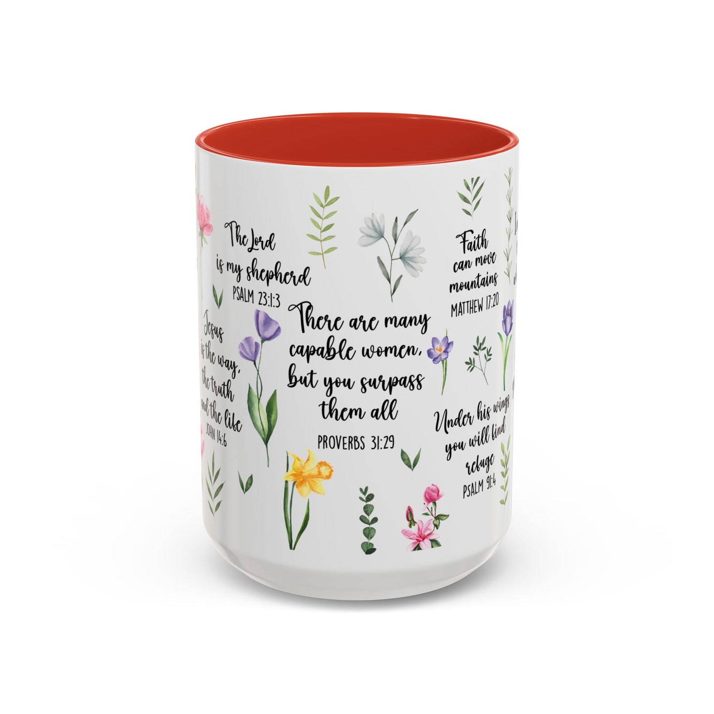 Inspirational Bible Verse Coffee Mug — Floral Scripture Quotes (11/15oz)