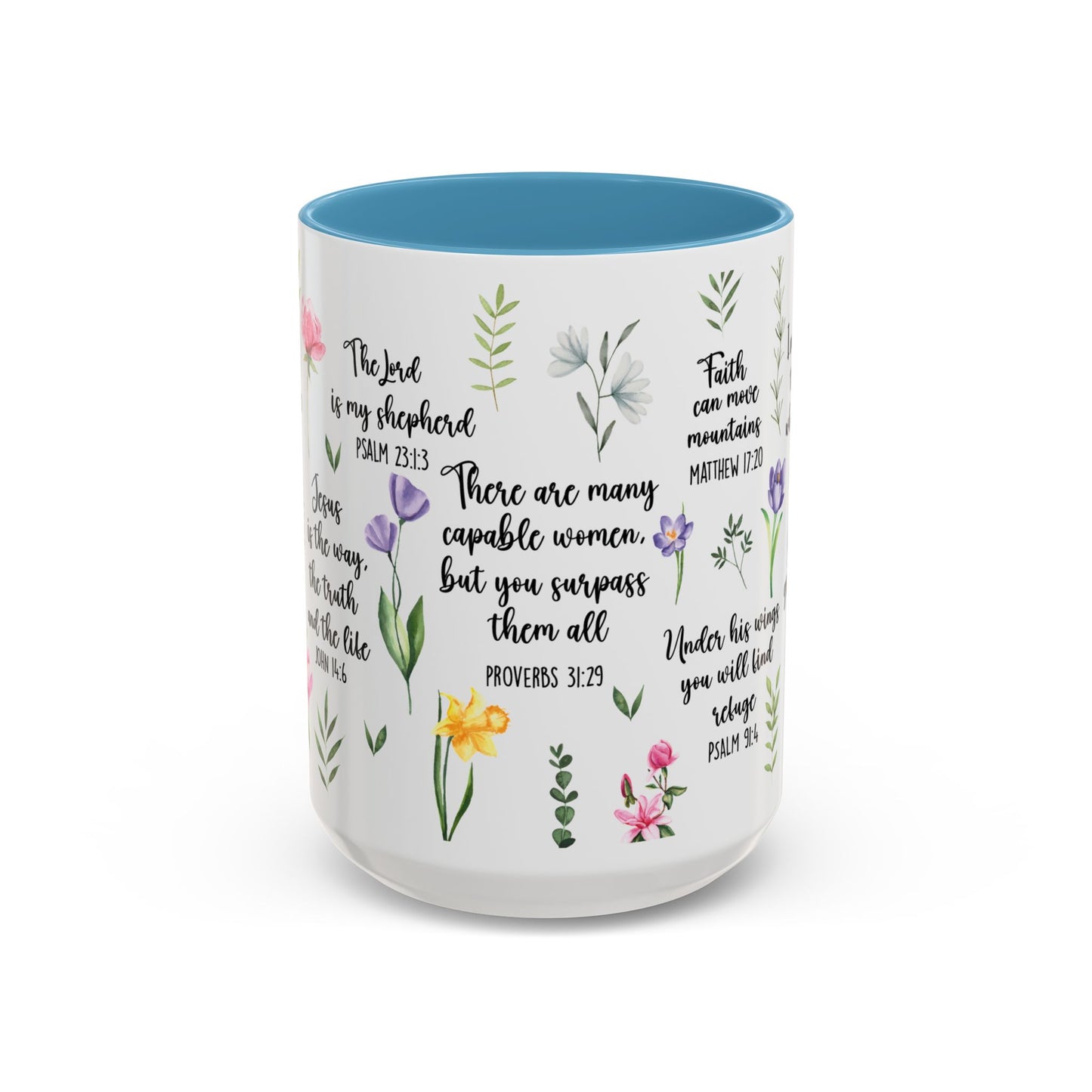 Inspirational Bible Verse Coffee Mug — Floral Scripture Quotes (11/15oz)