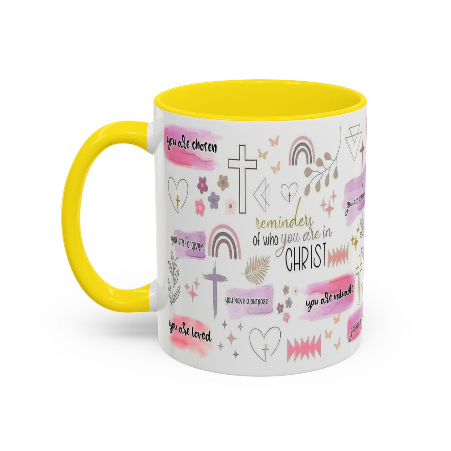 Christian Accent Coffee Mug — "Remind me who you are in Christ" Inspirational Pattern