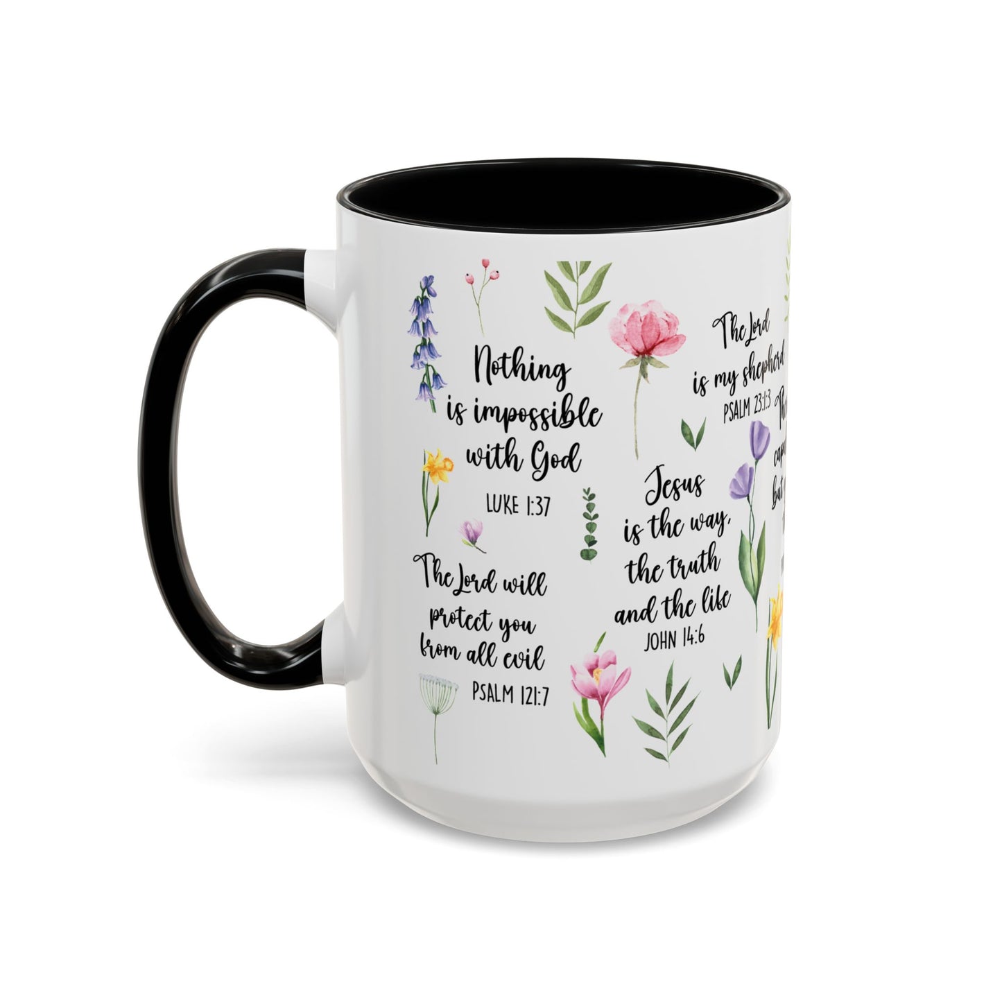 Inspirational Bible Verse Coffee Mug — Floral Scripture Quotes (11/15oz)