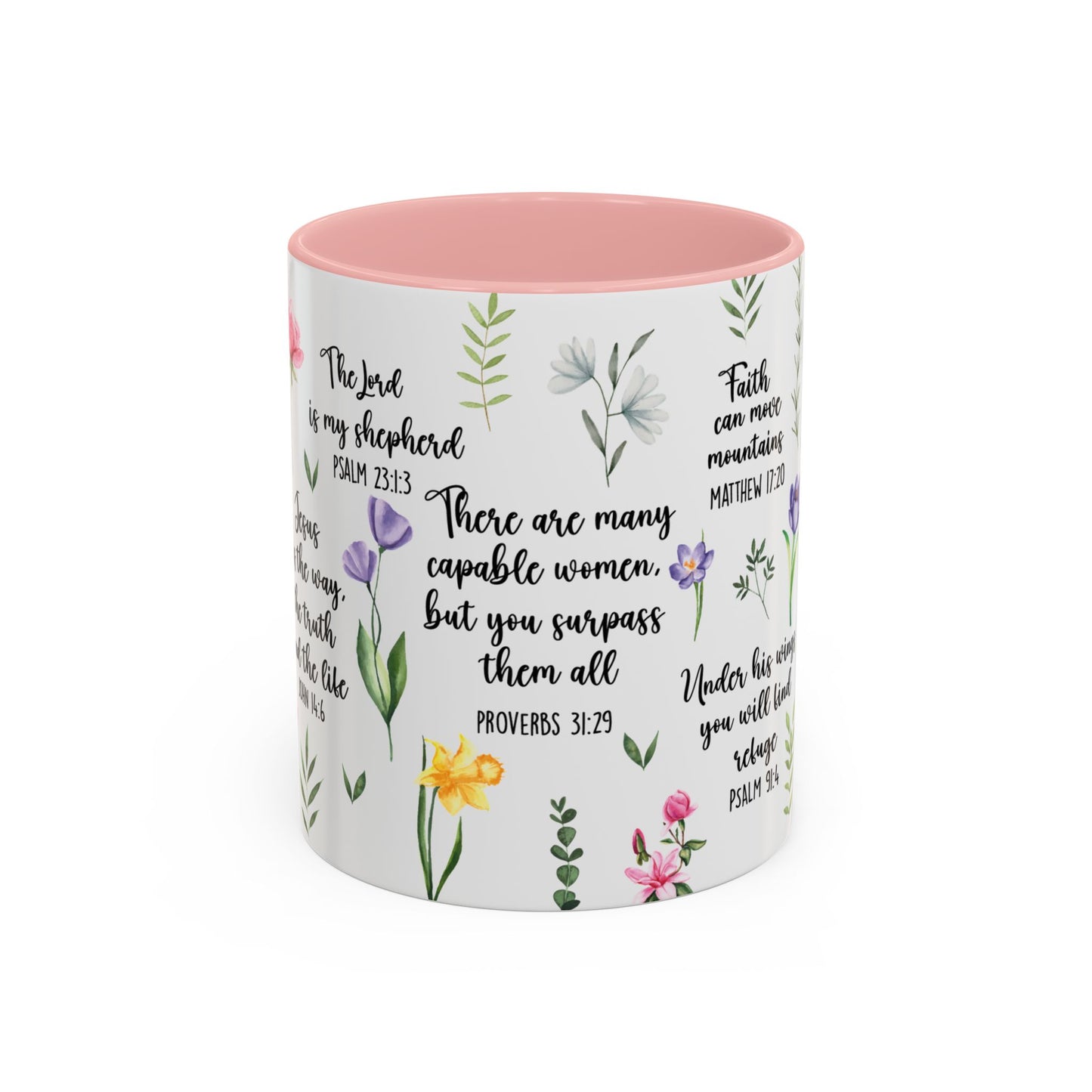 Inspirational Bible Verse Coffee Mug — Floral Scripture Quotes (11/15oz)