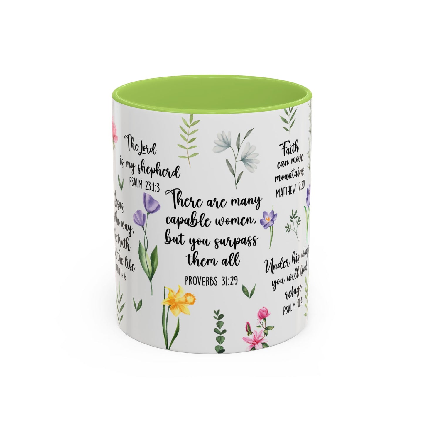 Inspirational Bible Verse Coffee Mug — Floral Scripture Quotes (11/15oz)