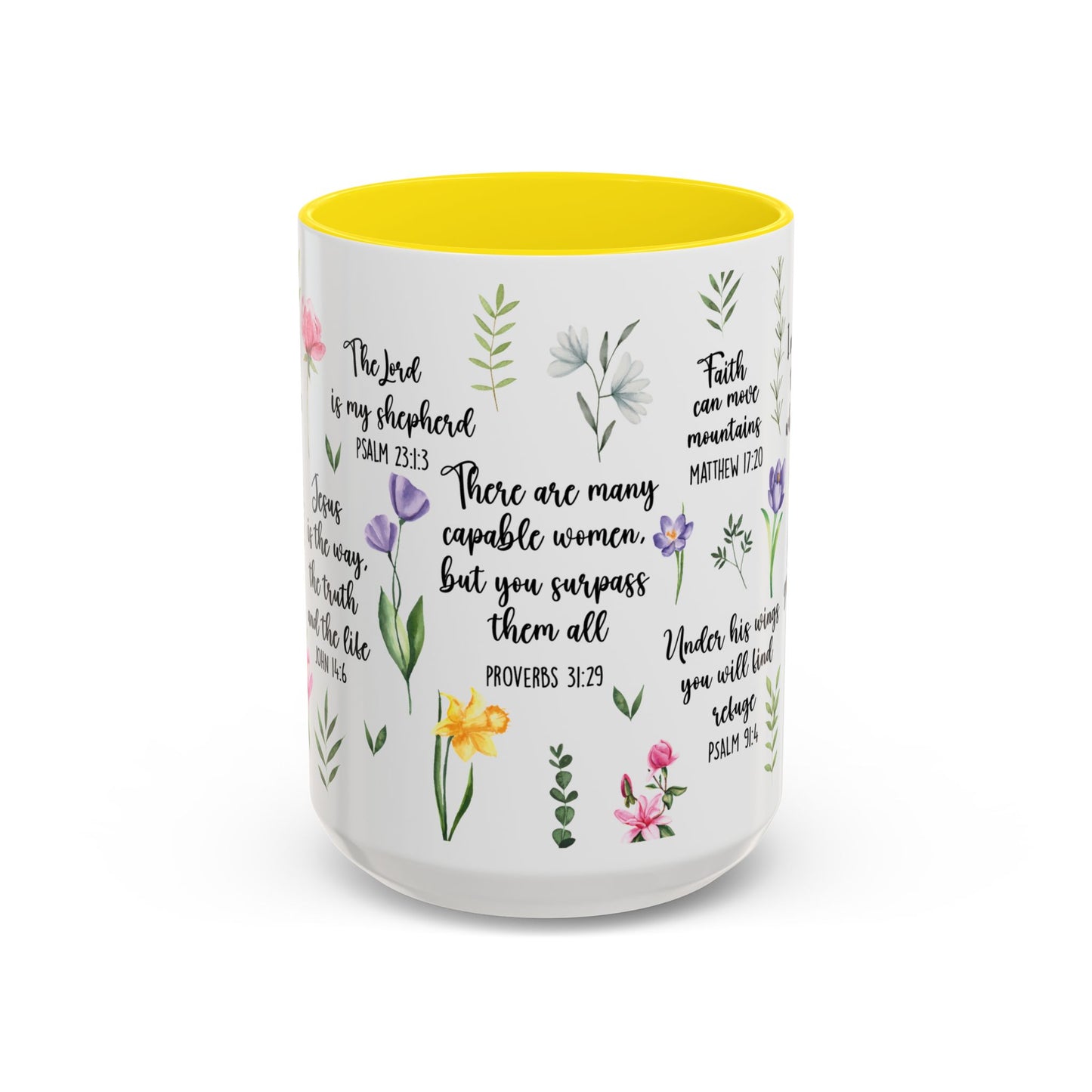 Inspirational Bible Verse Coffee Mug — Floral Scripture Quotes (11/15oz)